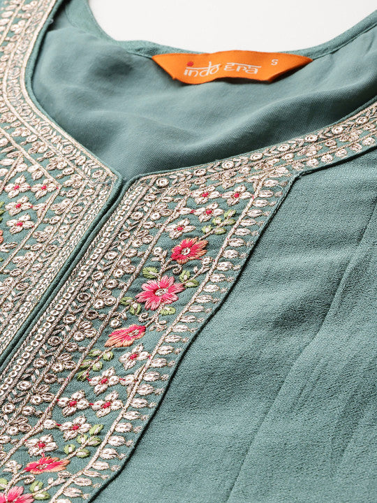 Indo Era Floral Embroidered Sequinned Kurta With Trousers & Dupatta