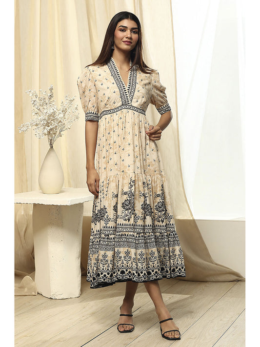 Womens Beige Cotton Tiered Printed Dress