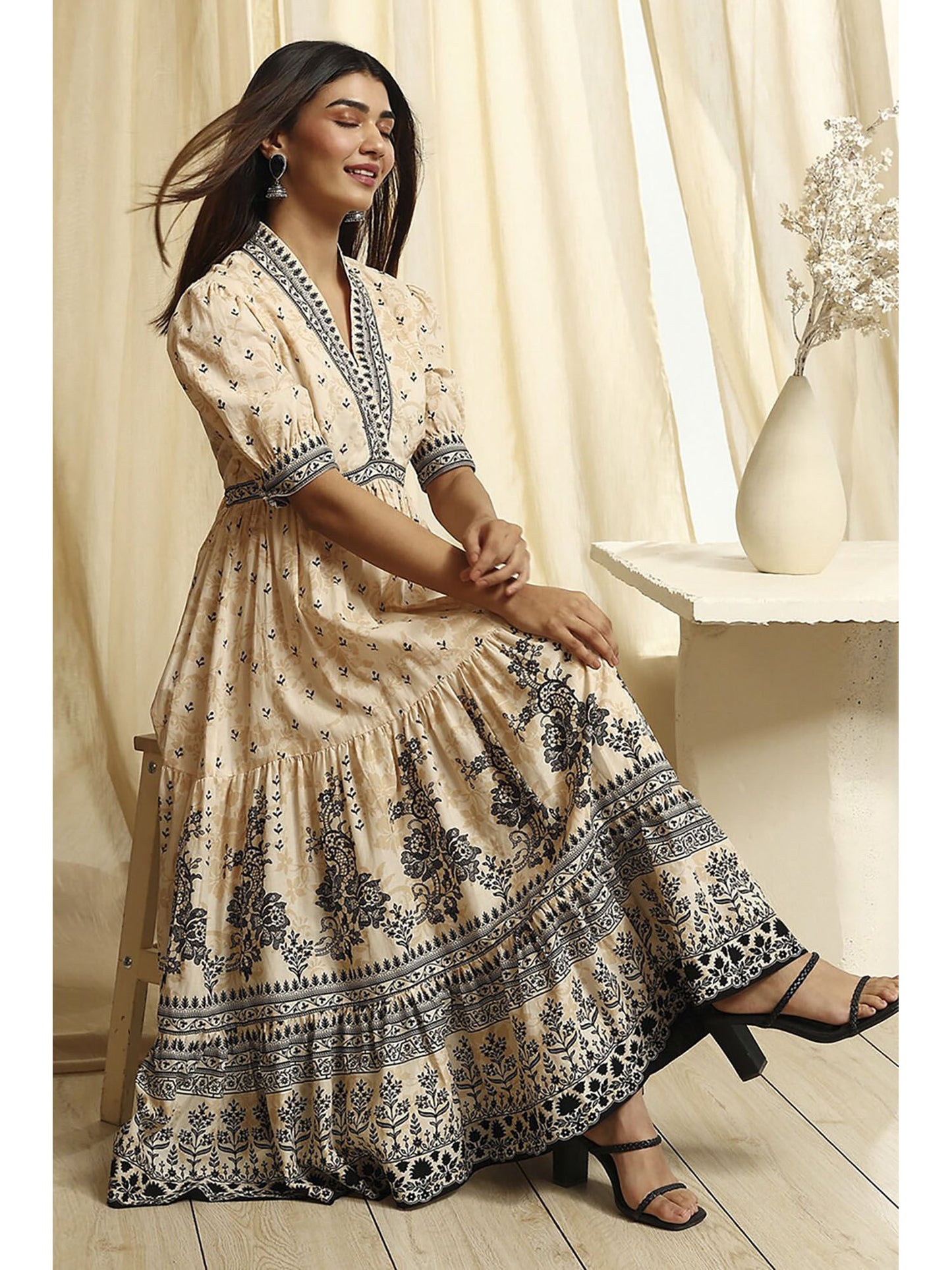 Womens Beige Cotton Tiered Printed Dress
