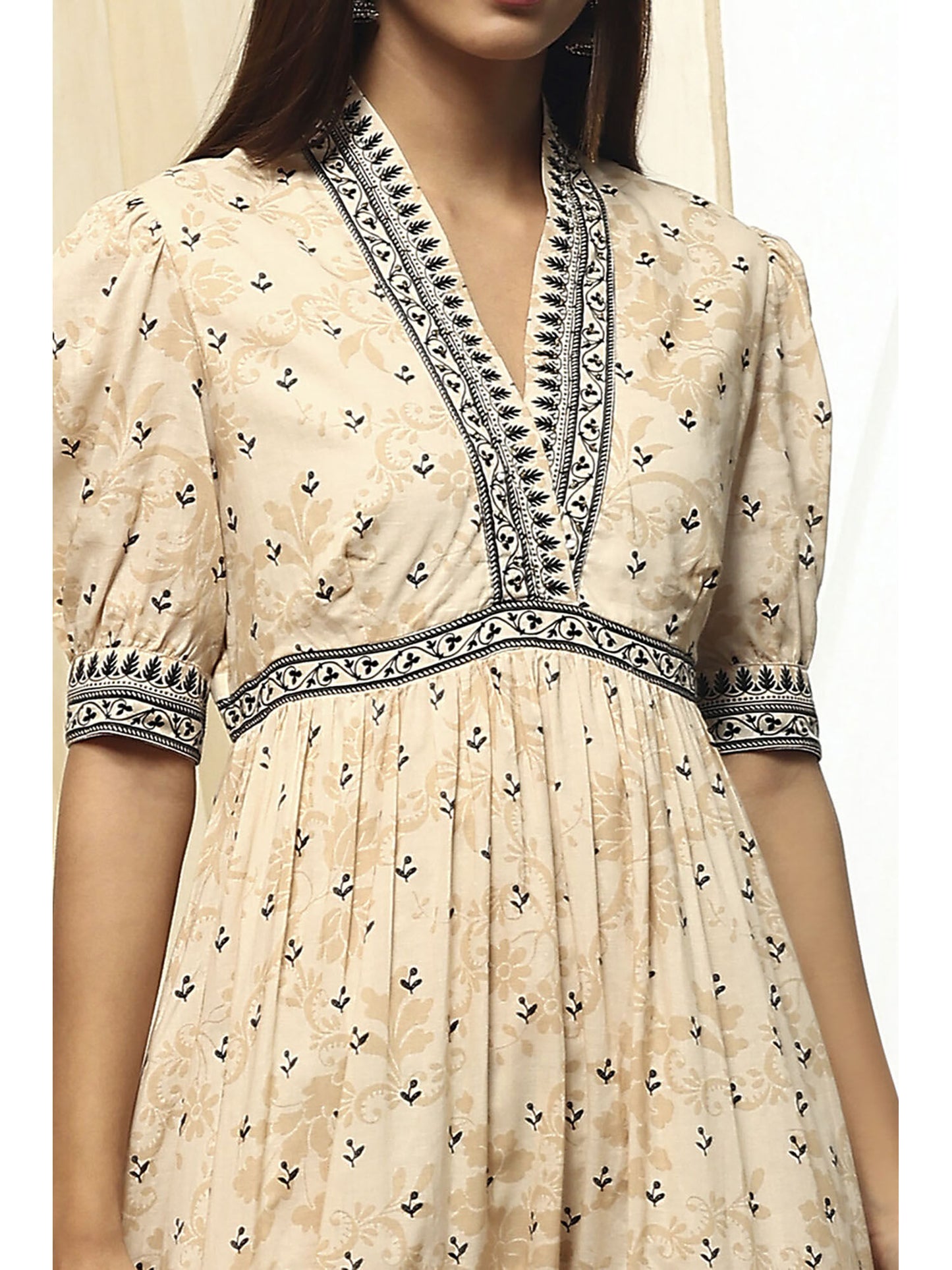 Womens Beige Cotton Tiered Printed Dress
