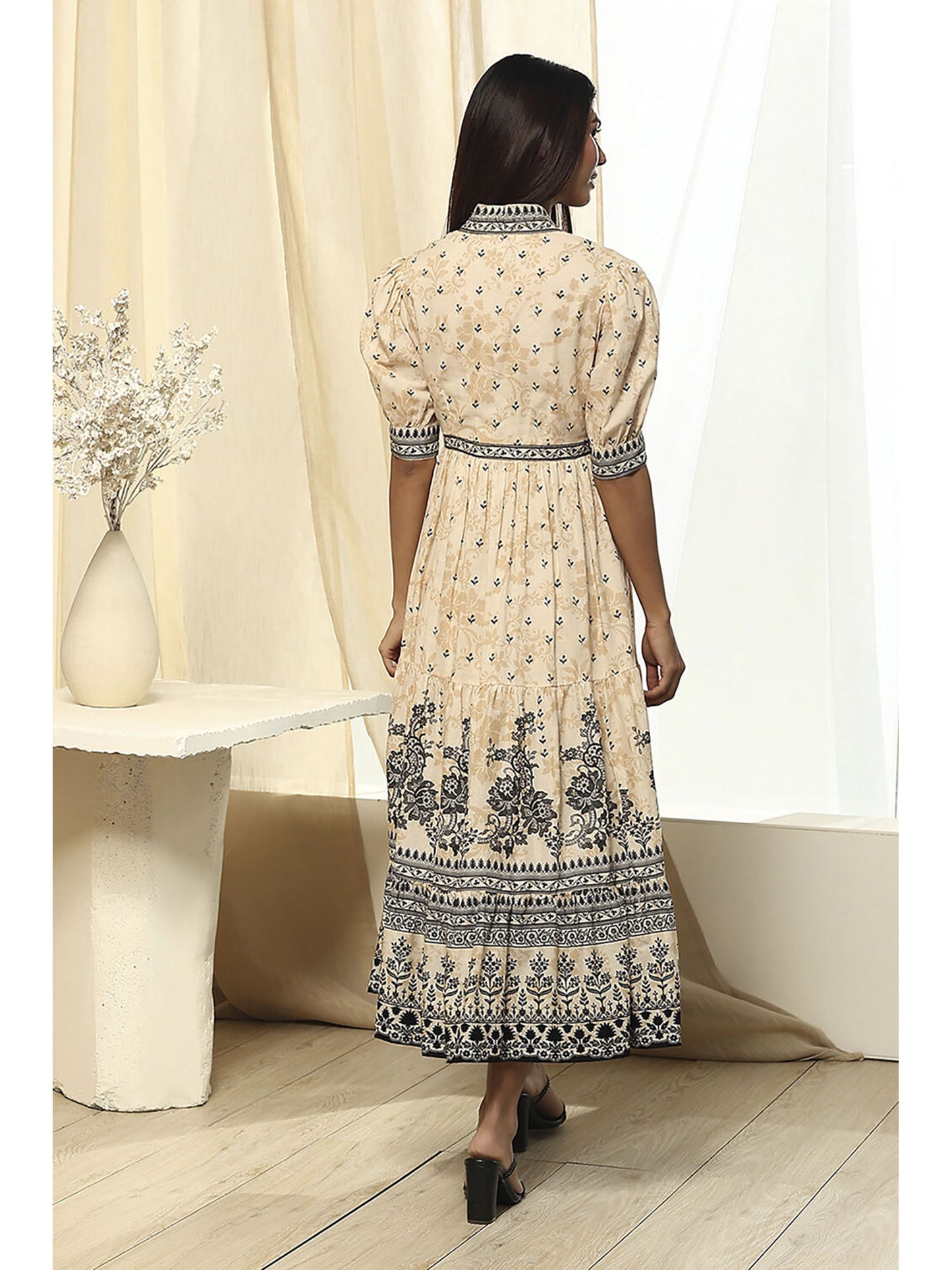 Womens Beige Cotton Tiered Printed Dress