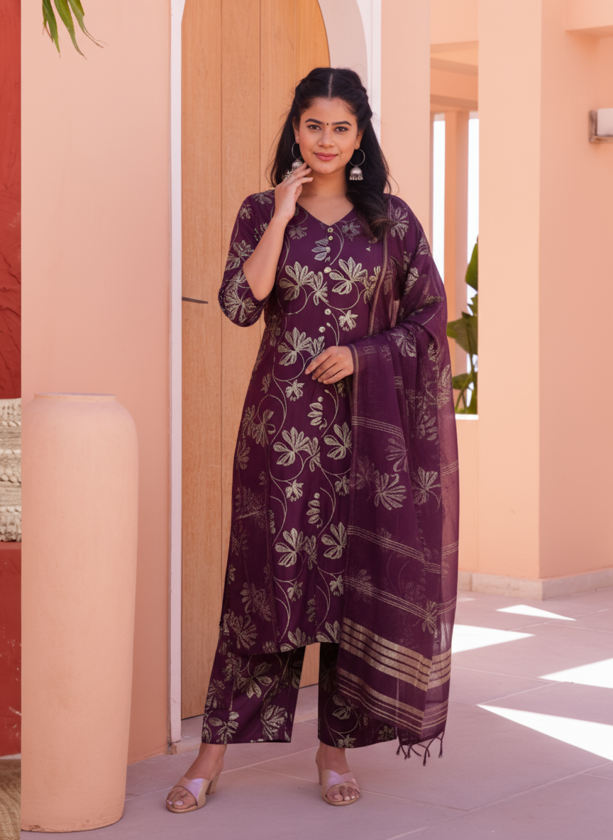 Chanderi Gold foil Flared Purple Kurta