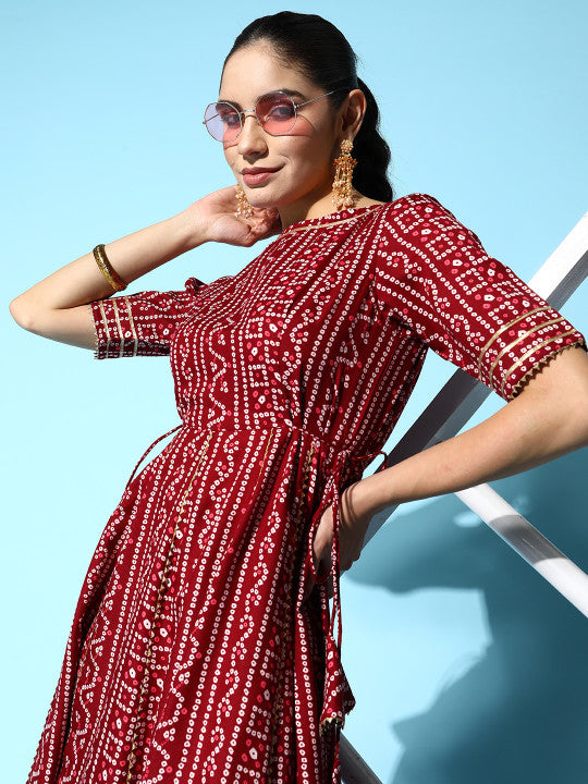 Inddus Maroon & White Boat Neck Bandhani Print Ethnic Midi Dress