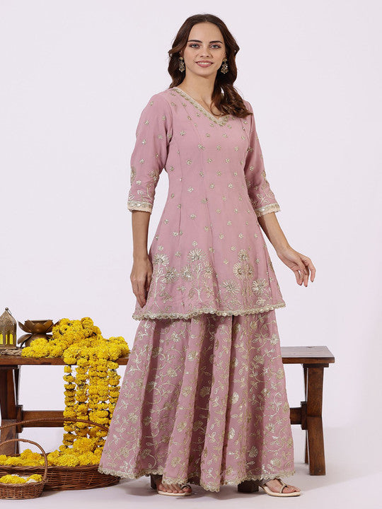 WISHFUL Floral Embroidered Sequinned V-Neck Panelled A-Line Kurti With Sharara & Dupatta