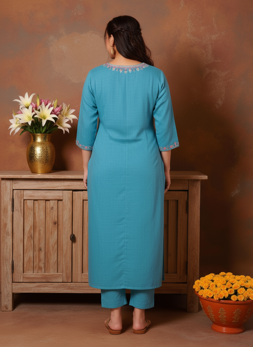 Embroidered Poly Blend Solid Straight Teal Kurta