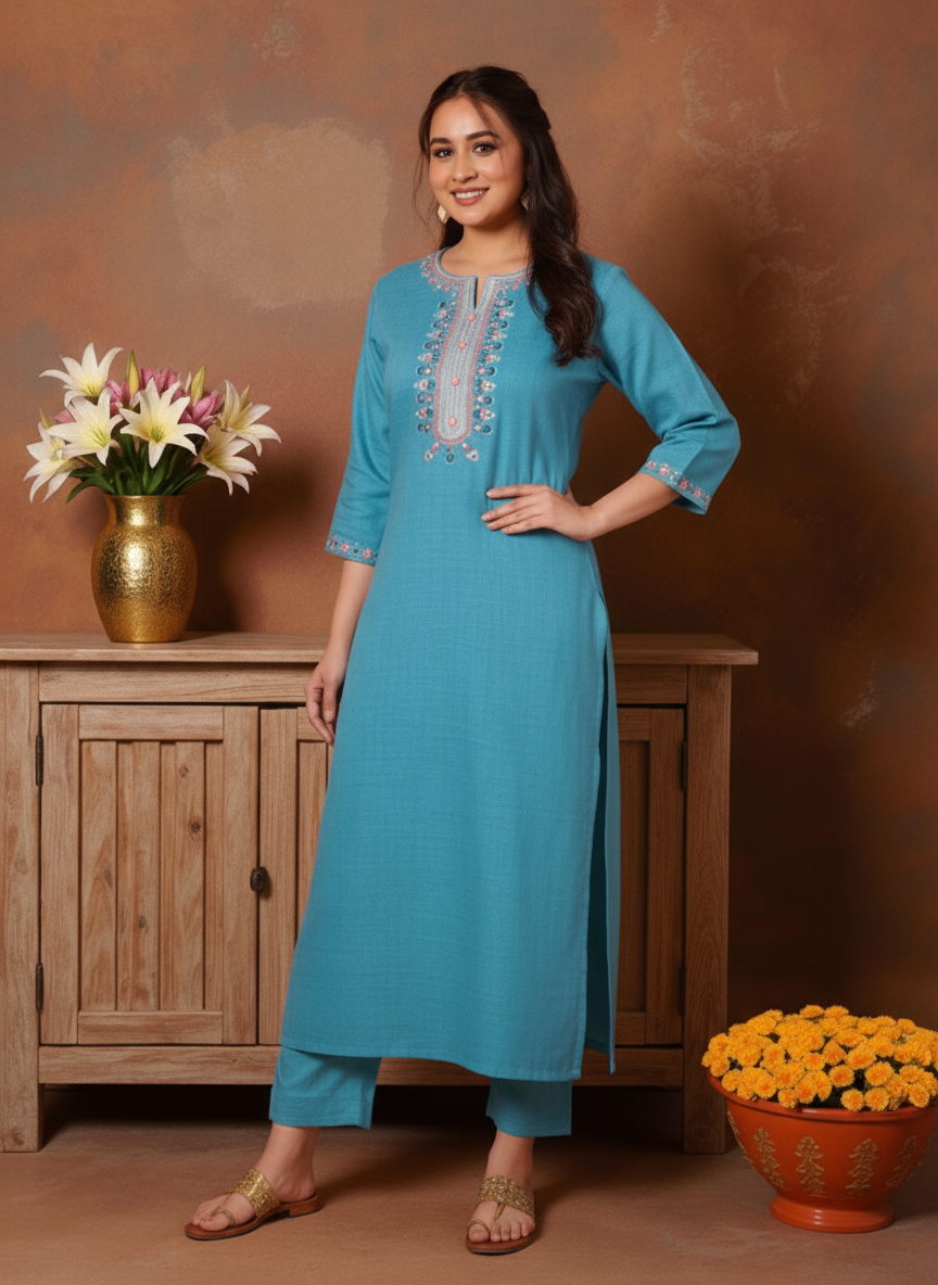 Embroidered Poly Blend Solid Straight Teal Kurta