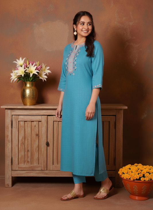 Embroidered Poly Blend Solid Straight Teal Kurta