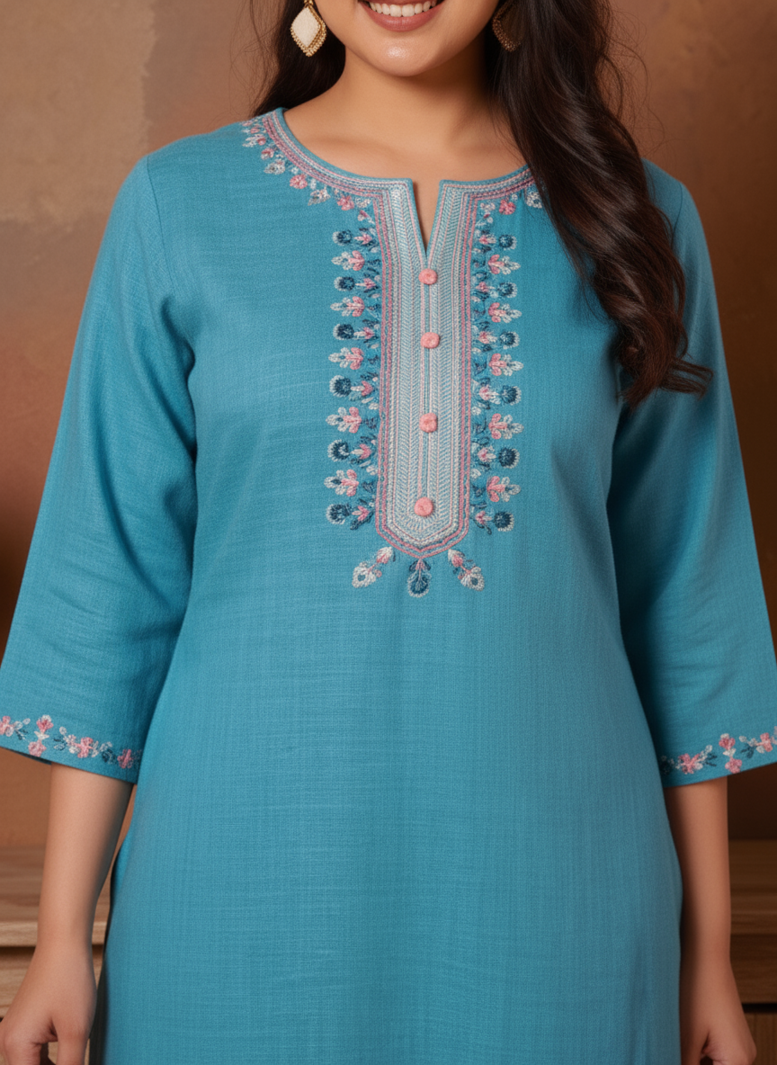 Embroidered Poly Blend Solid Straight Teal Kurta