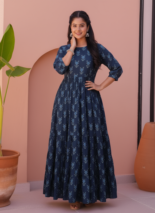 Soft Cotton Geometric Anarkali Blue Dress