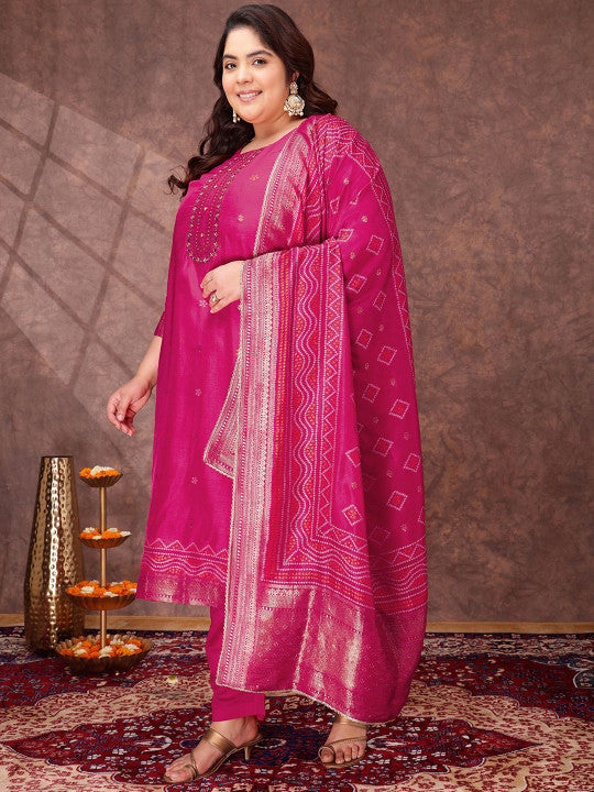 INDDUS PLUS Women Floral Yoke Design Regular Sequinned Kurta with Trousers & With Dupatta