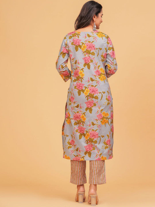 TANISHA Floral Printed Tie-Up Neck Three-Quarter Sleeves Regular Kurta & Trouser & Dupatta