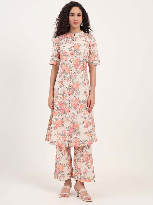 Cream Floral Printed Cotton Co-Ord (Set of 2)
