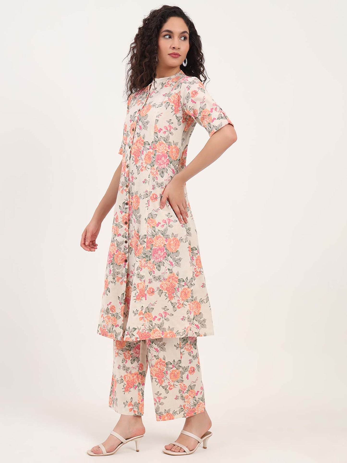 Cream Floral Printed Cotton Co-Ord (Set of 2)