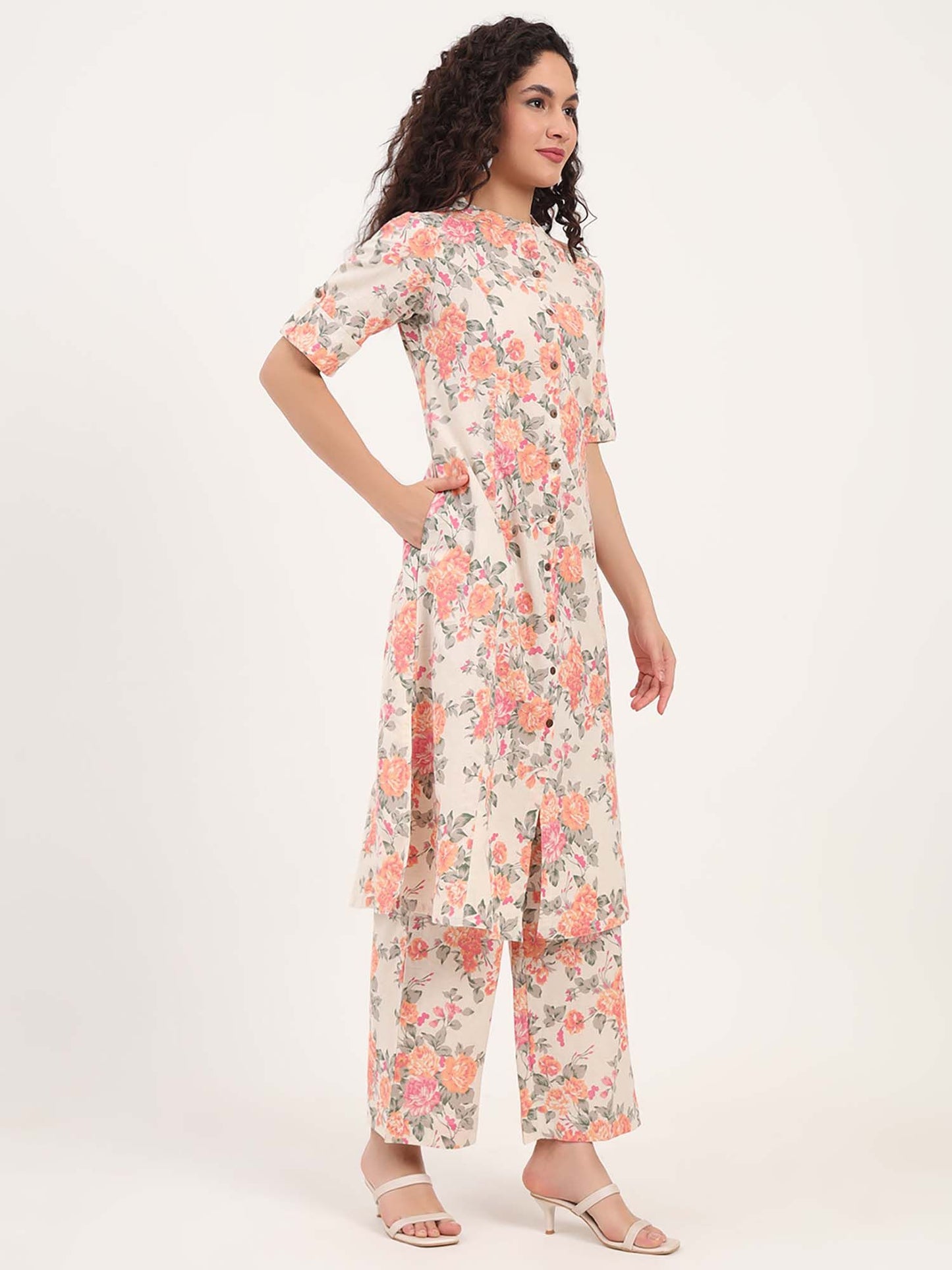 Cream Floral Printed Cotton Co-Ord (Set of 2)