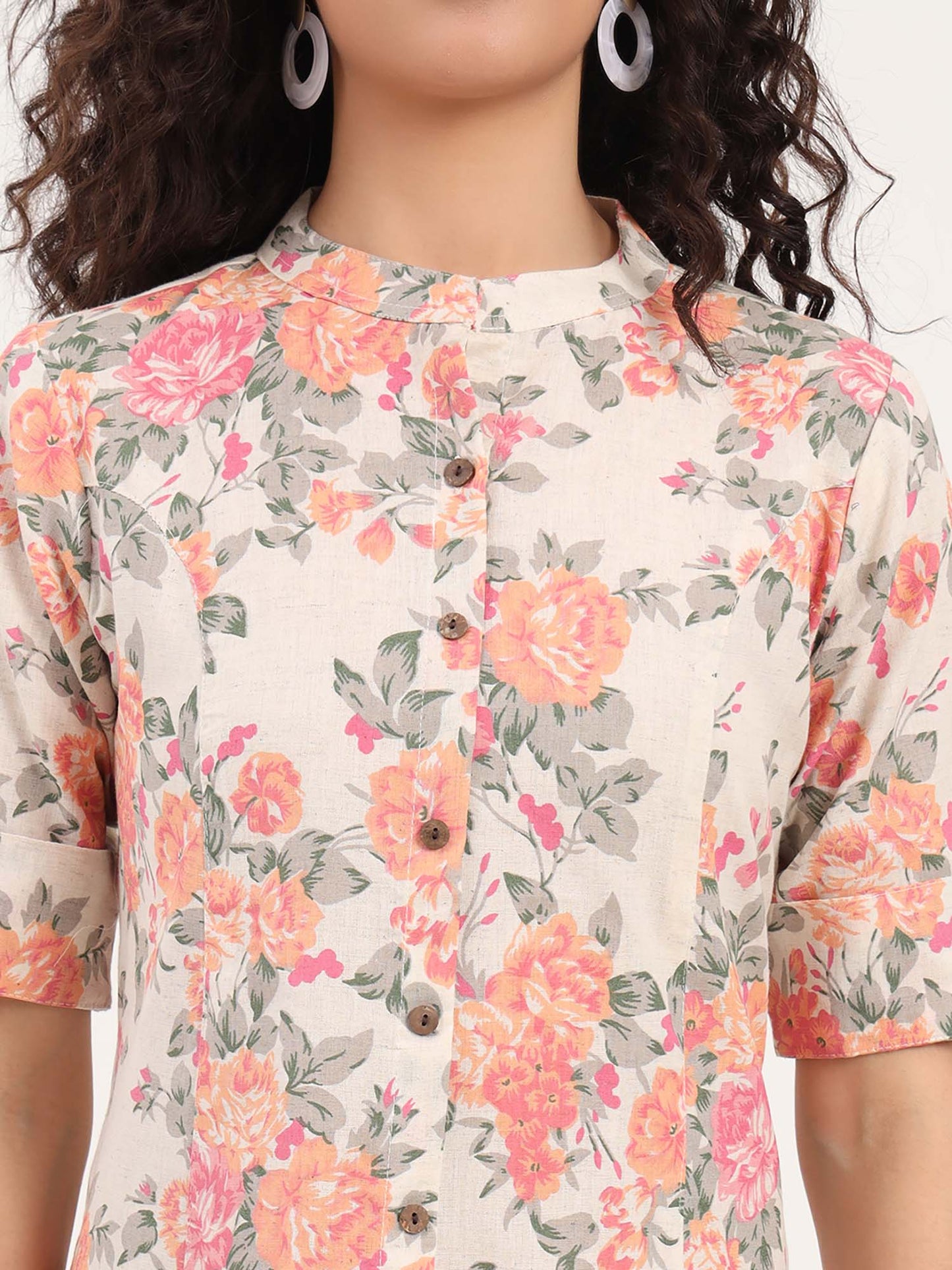 Cream Floral Printed Cotton Co-Ord (Set of 2)