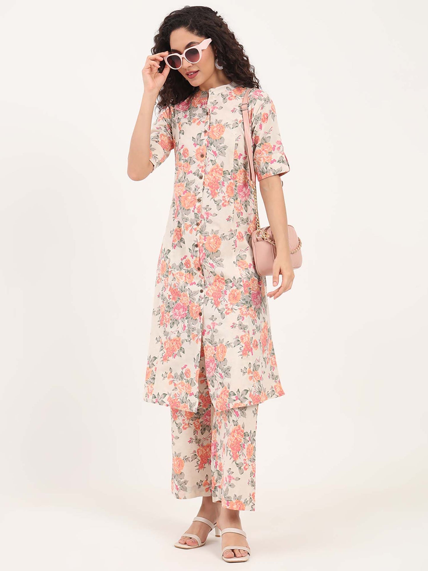 Cream Floral Printed Cotton Co-Ord (Set of 2)
