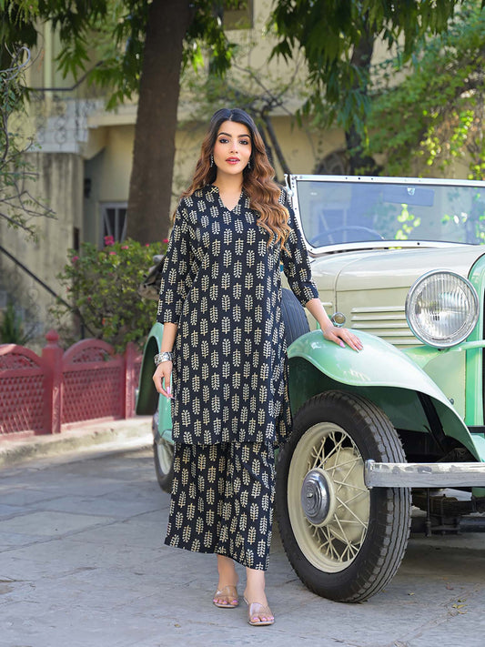 Black Ethnic Printed Cotton Fabric Co-Ord (Set of 2)