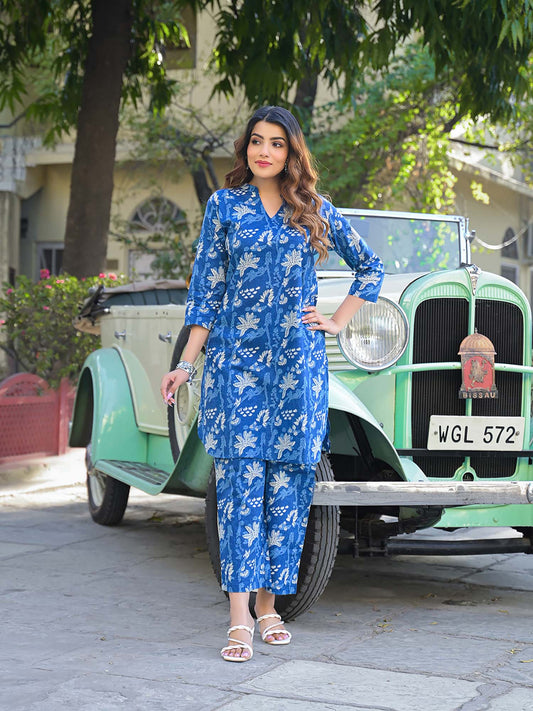 Blue Floral Print Cotton Fabric Co-Ord (Set of 2)