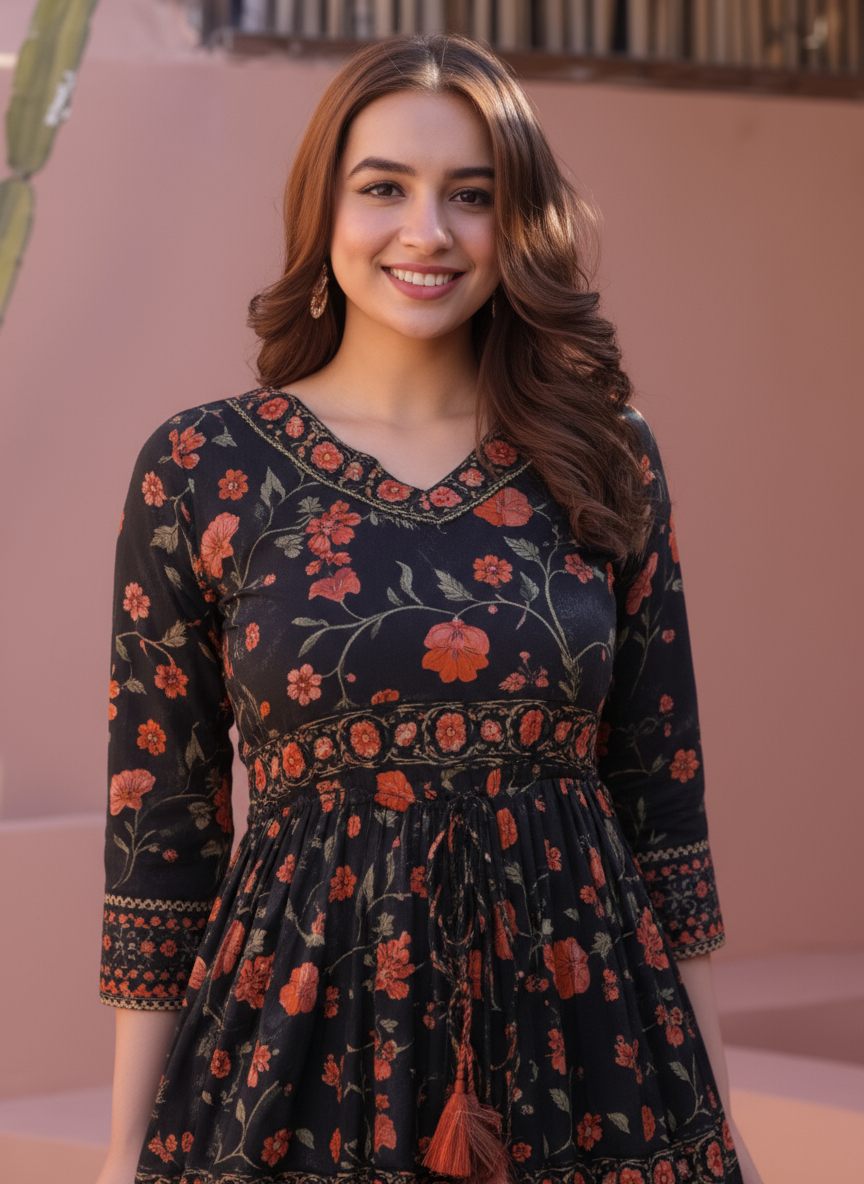 Viscose Floral Anarkali Maroon Dress