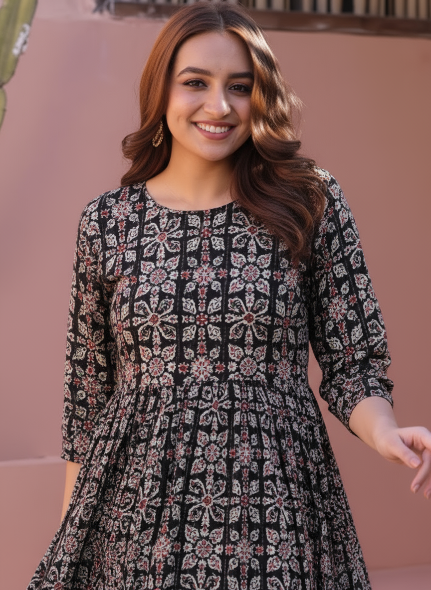 Viscose Floral Anarkali Maroon Dress