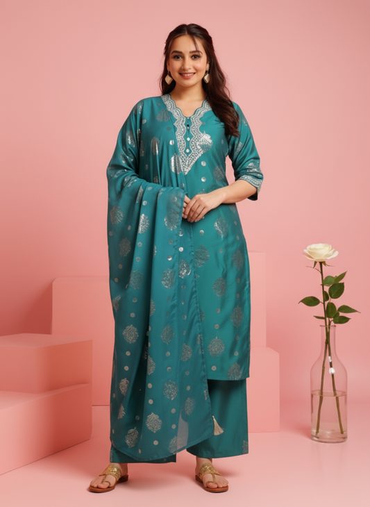 Embroidered Roman silk Gold foil Straight Green Kurta