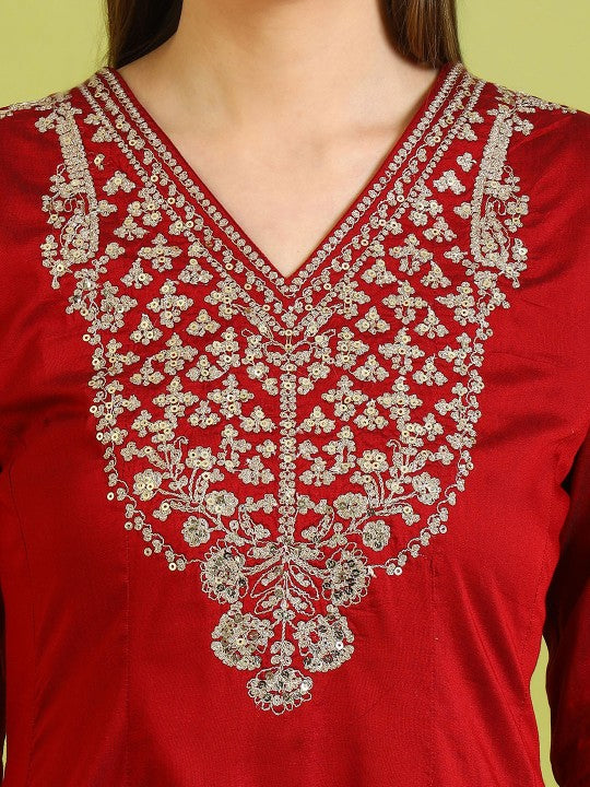 W Red Floral Embroidered V-Neck A-Line Kurta With Trousers And Dupatta
