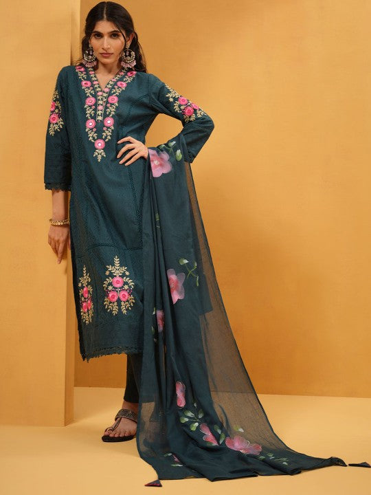 Ishin Women Floral Embroidered Regular Pure Cotton Kurta & Trousers With Floral Dupatta