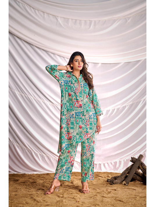 Women Green Printed Mirror Work Co-Ord (Set of 2)