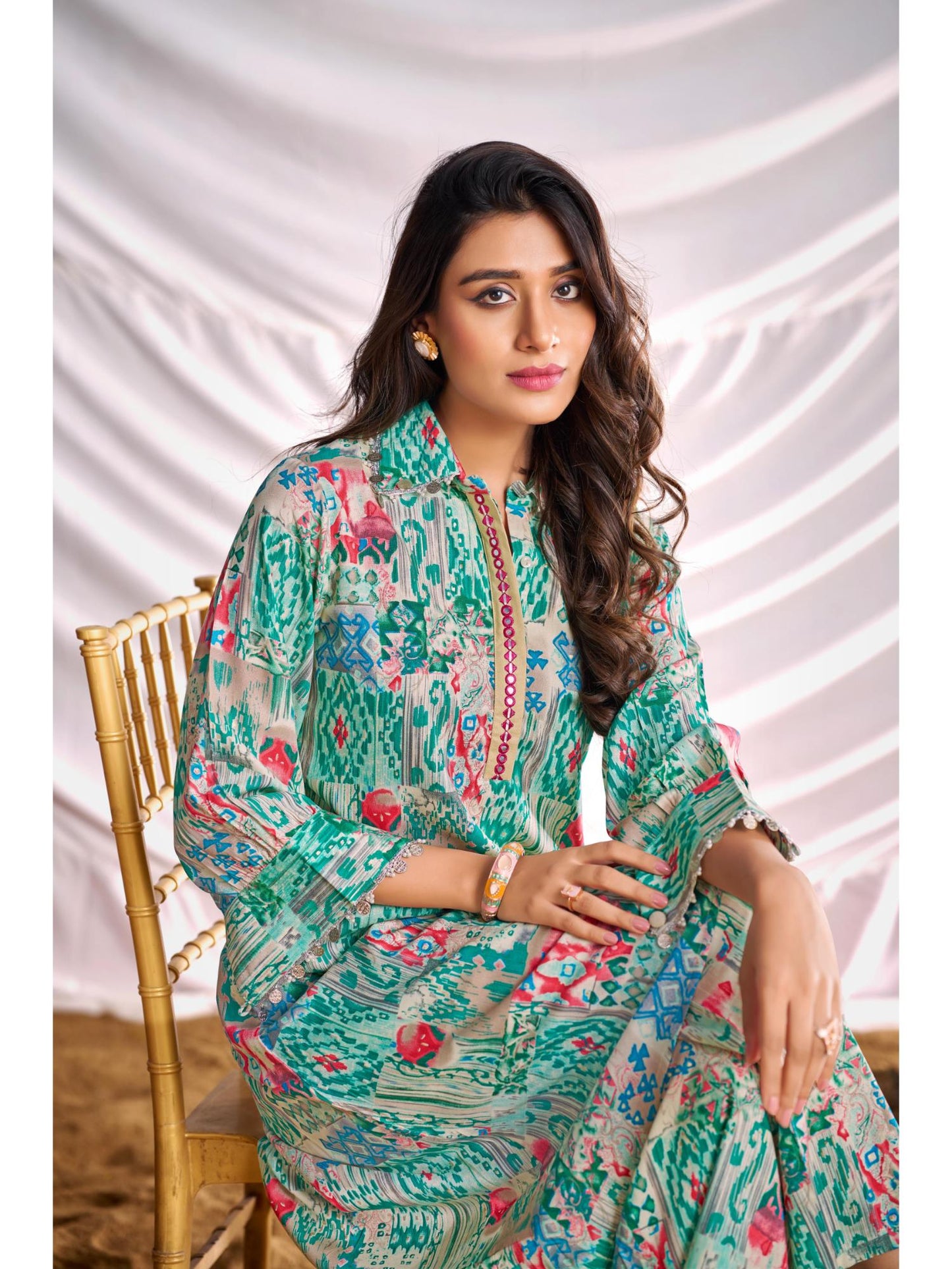 Women Green Printed Mirror Work Co-Ord (Set of 2)