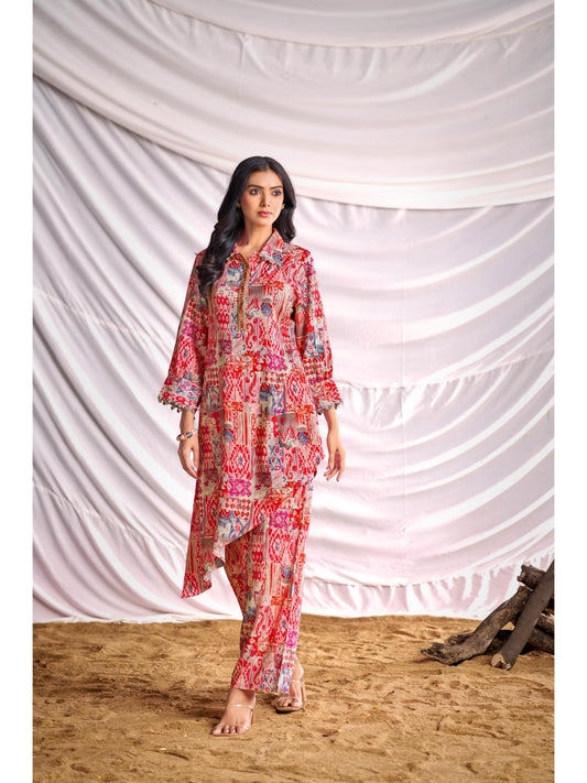 Women Red Printed Mirror Work Co-Ord (Set of 2)