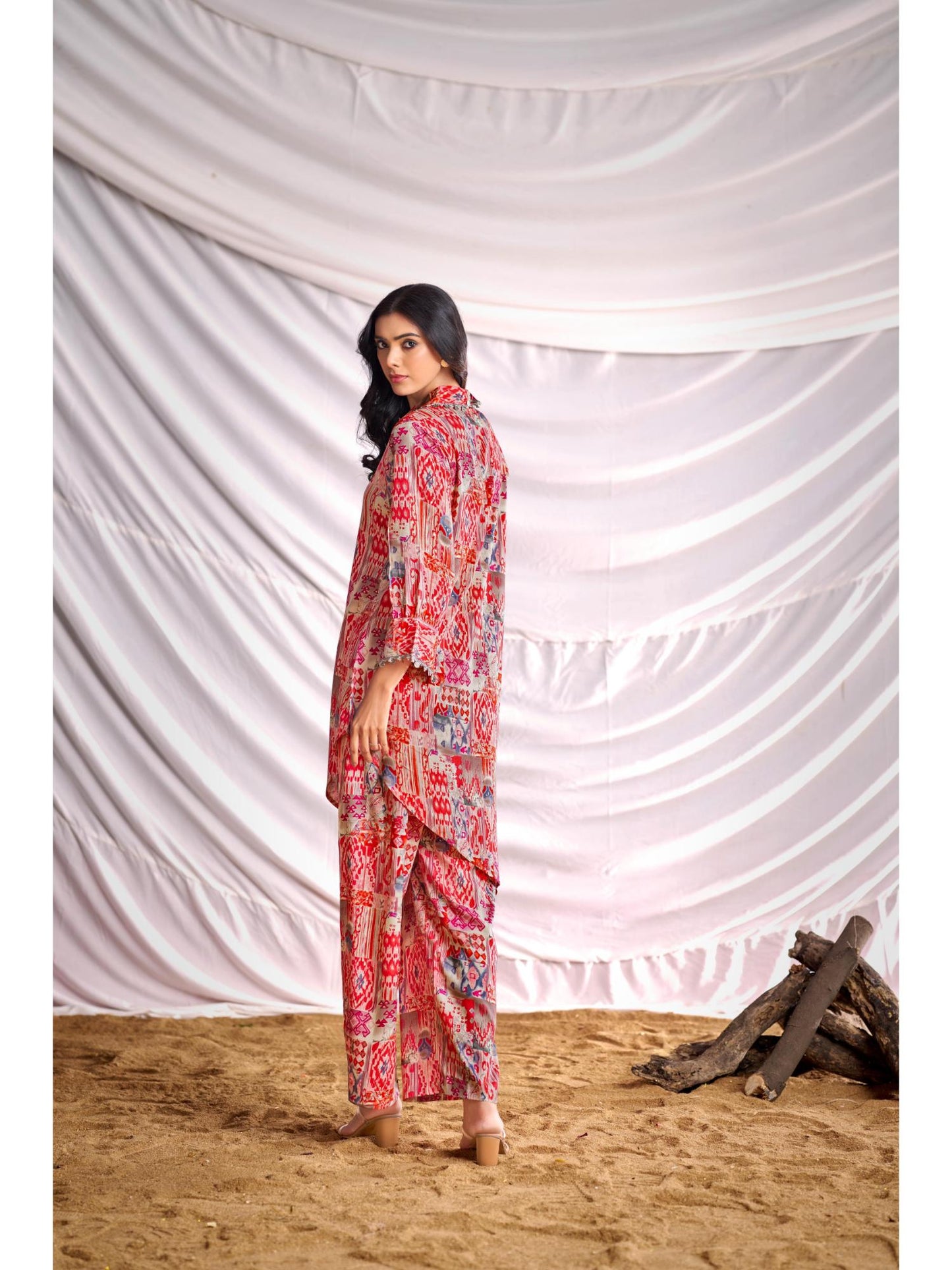 Women Red Printed Mirror Work Co-Ord (Set of 2)