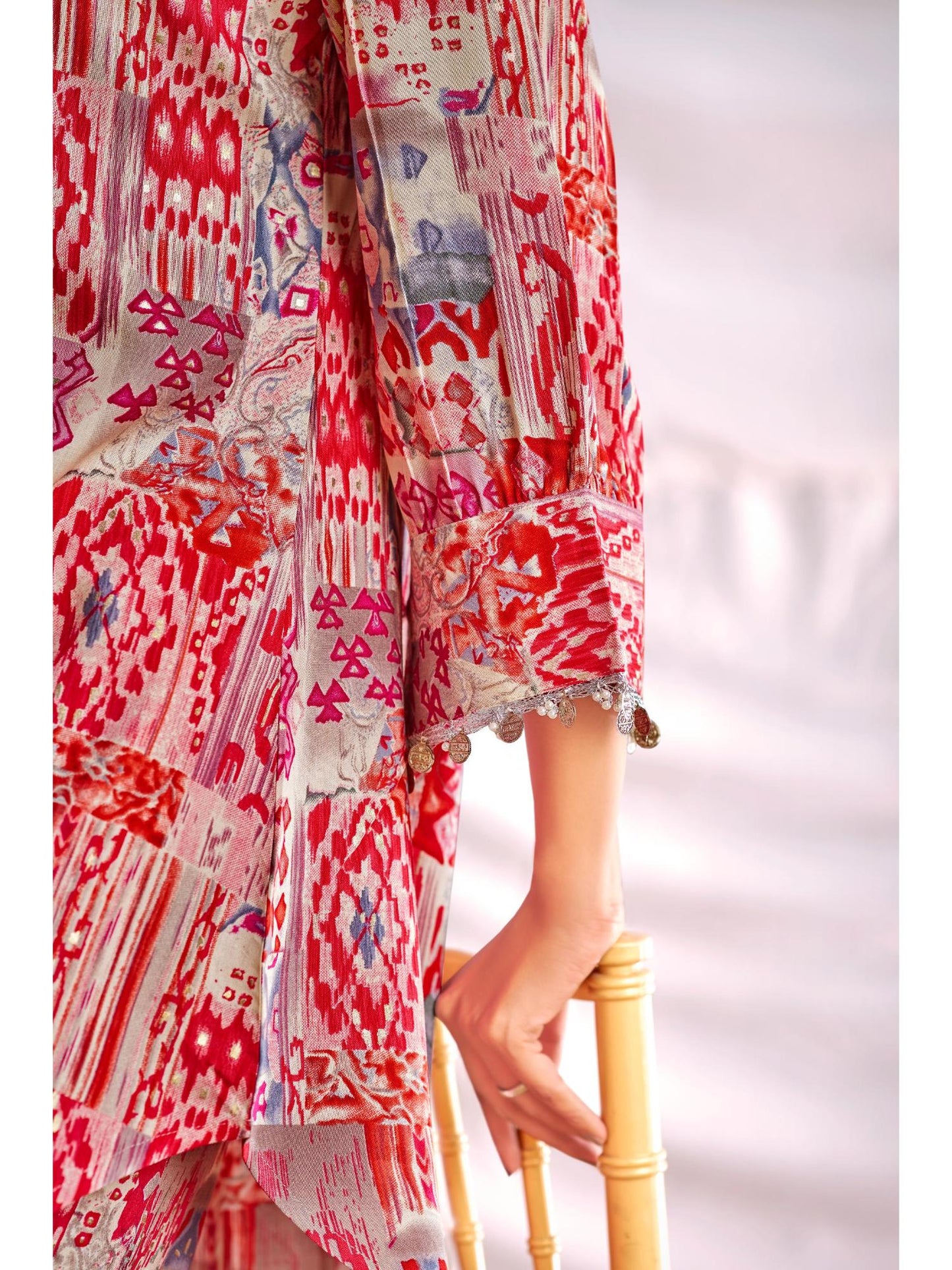 Women Red Printed Mirror Work Co-Ord (Set of 2)