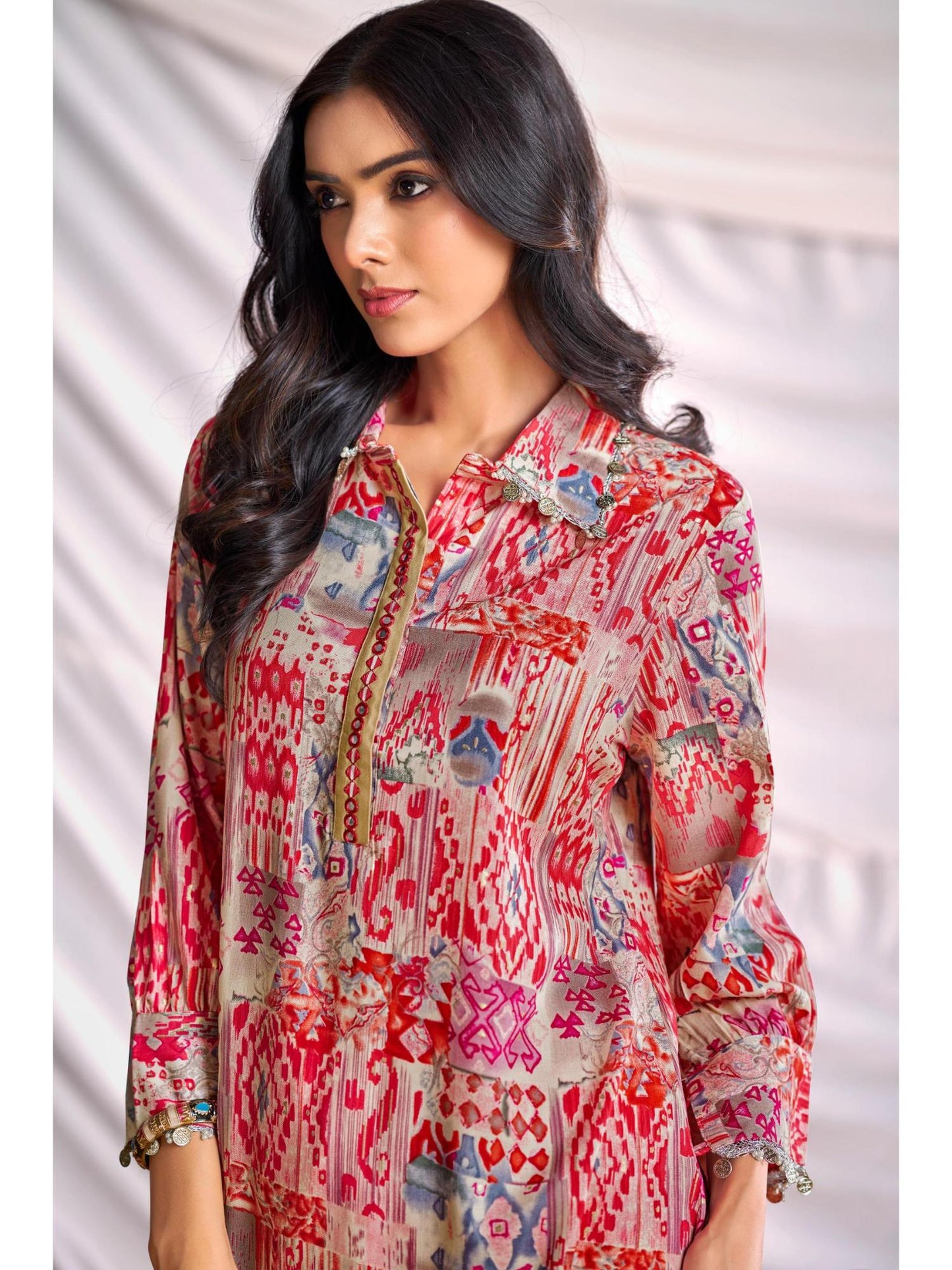 Women Red Printed Mirror Work Co-Ord (Set of 2)