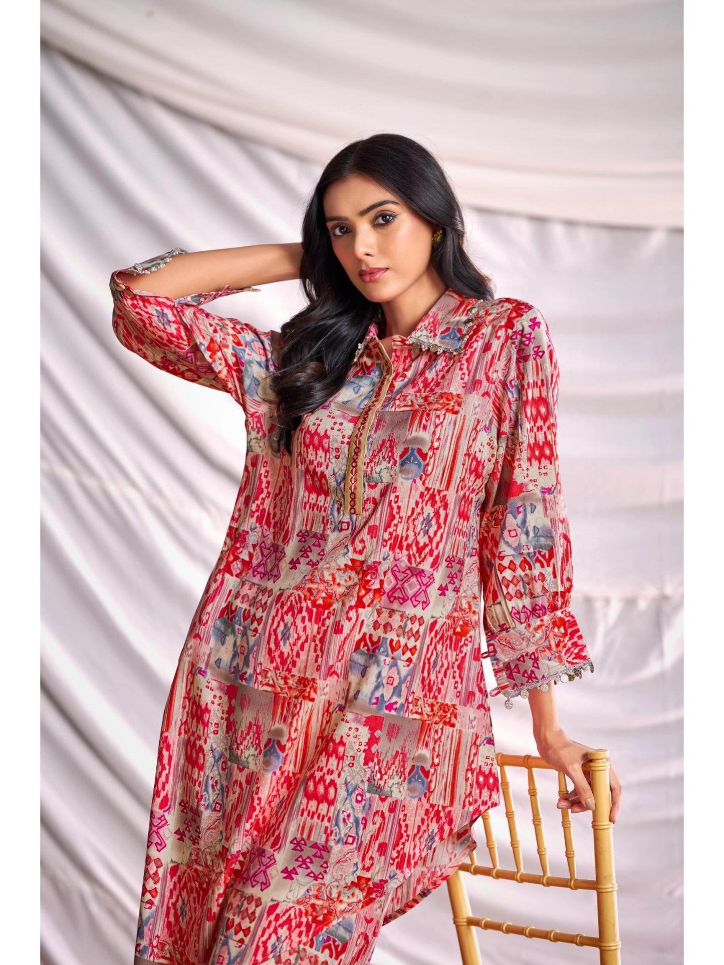 Women Red Printed Mirror Work Co-Ord (Set of 2)