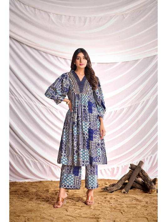 Women Blue Mixed Pattern Digital Printed Co-Ord (Set of 2)