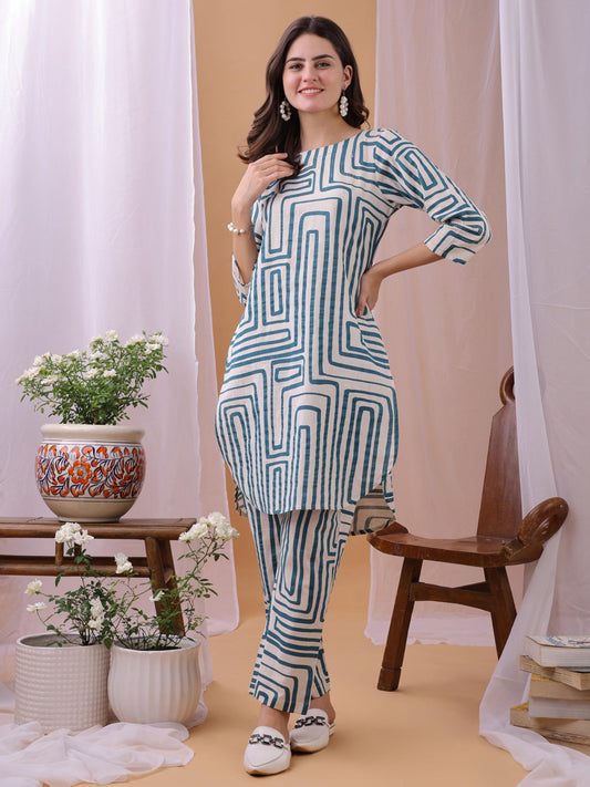 Women Turquoise Cotton Printed Co-Ord (Set of 2)