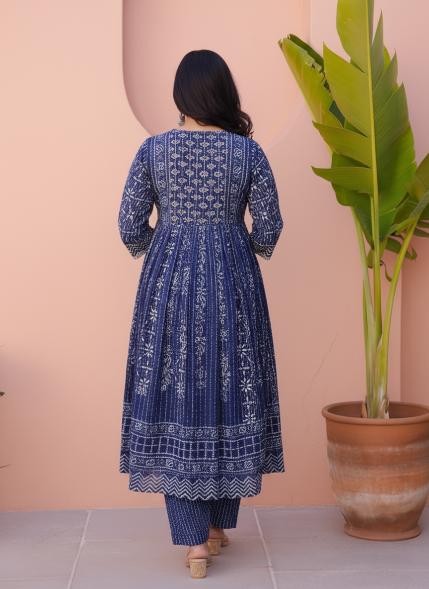 Embroidered Viscose Placement Print Straight Indigo blue Kurta