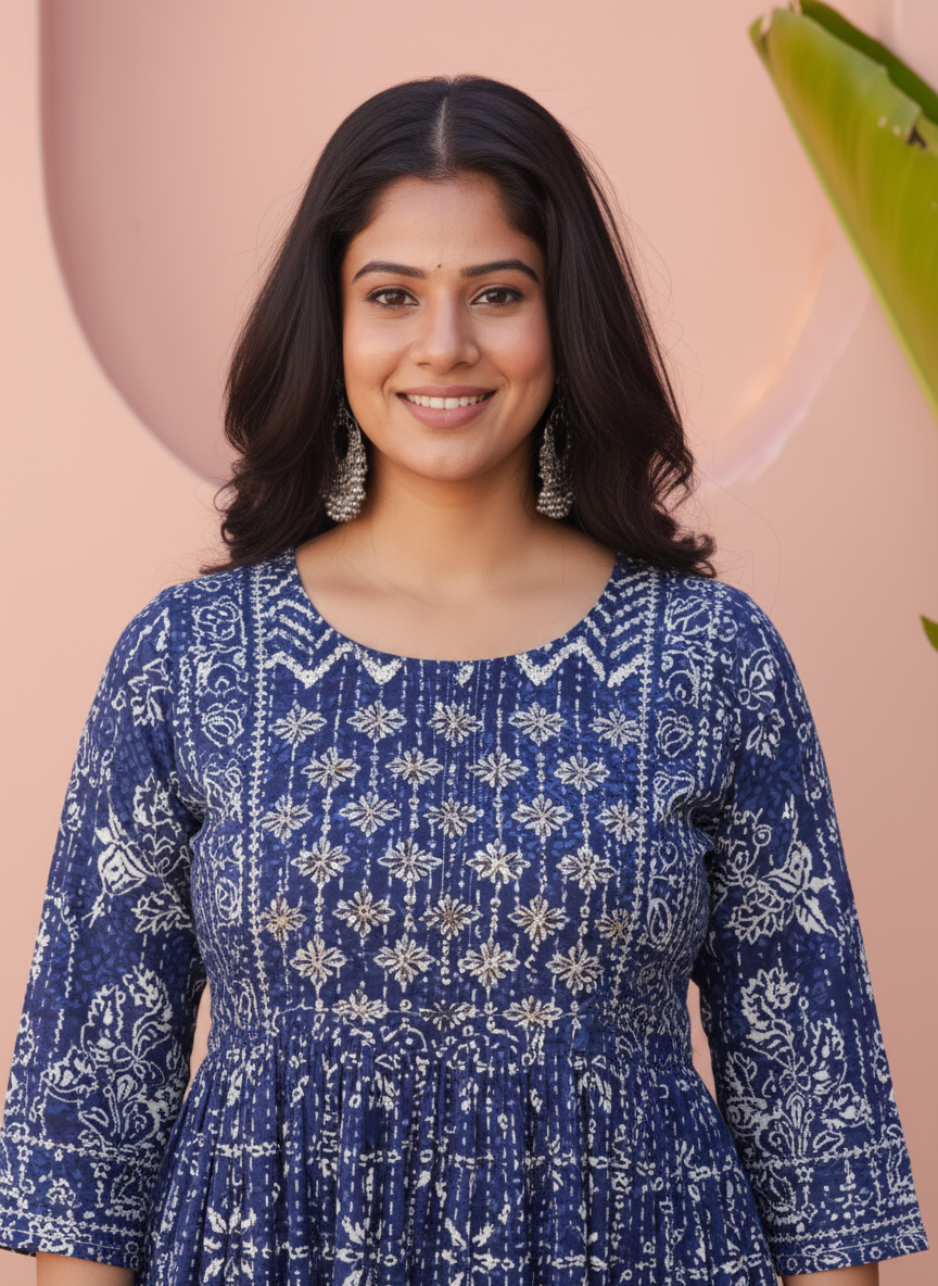 Embroidered Viscose Placement Print Straight Indigo blue Kurta