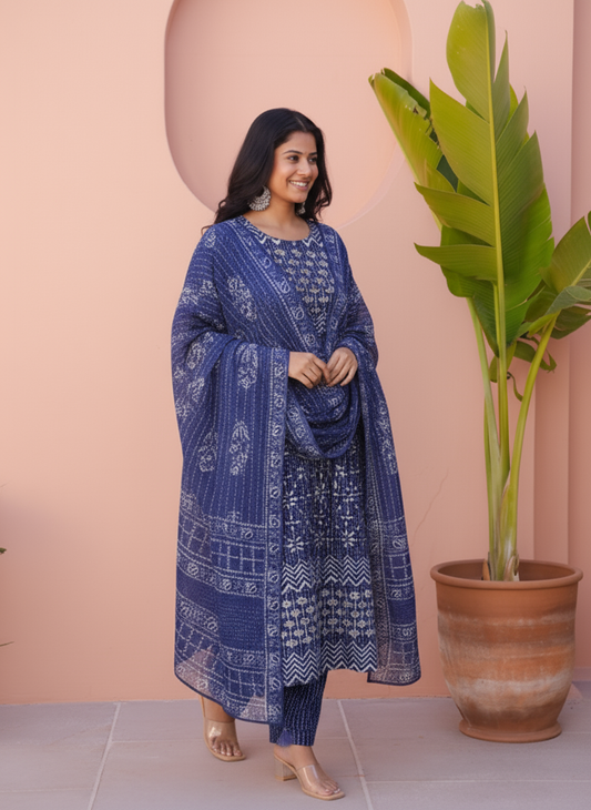 Embroidered Viscose Placement Print Straight Indigo blue Kurta