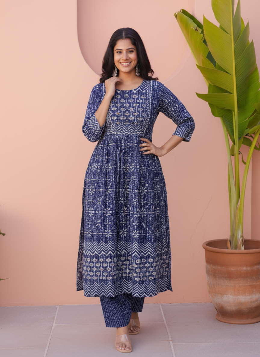 Embroidered Viscose Placement Print Straight Indigo blue Kurta