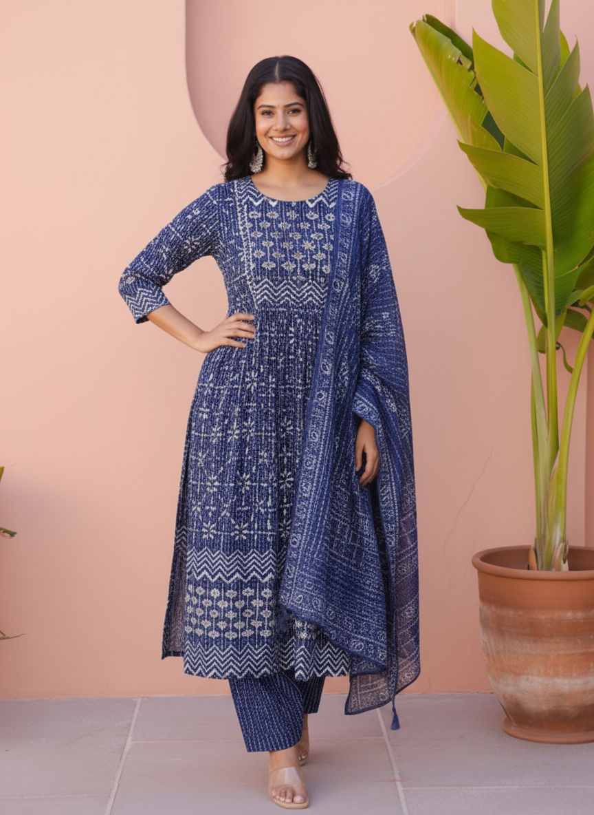 Embroidered Viscose Placement Print Straight Indigo blue Kurta
