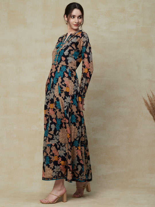 FASHOR Navy Blue Floral Printed Embroidered Cotton Tie-Up Maxi Ethnic Dress