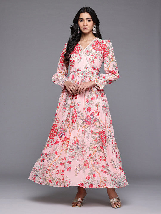 Ahalyaa Floral Printed Puff Sleeves Maxi Wrap Ethnic Dress with Gotta Patti Detail