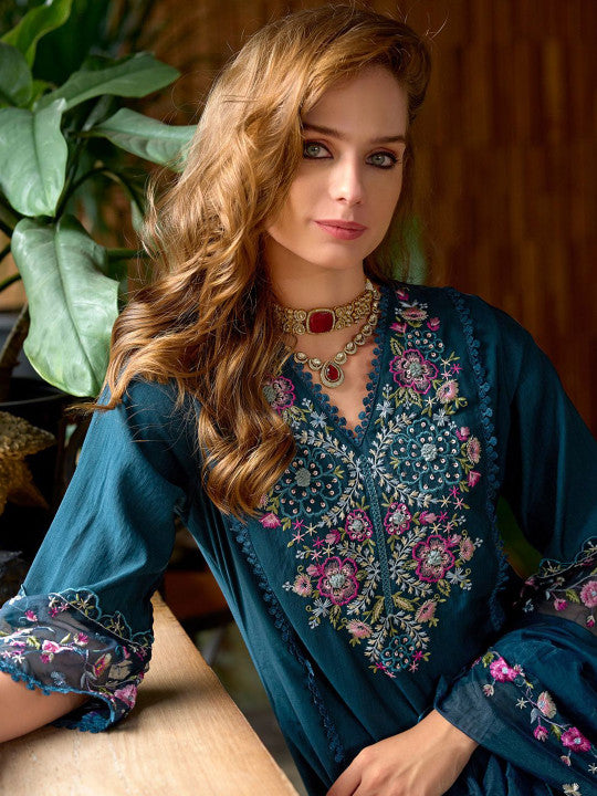 Indo Era Women Floral Embroidered Panelled Sequinned Kurta with Trousers & Dupatta