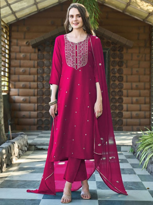 DIVASTRI Women Ethnic Motifs Embroidered Sweetheart Neck Kurta with Trousers & Dupatta