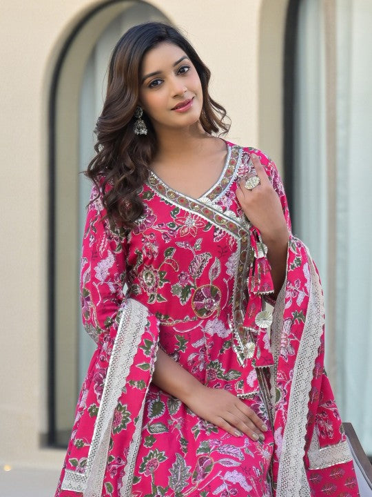 all about you Floral Printed V-Neck Pure Cotton Anarkali Kurta With Trousers & Dupatta