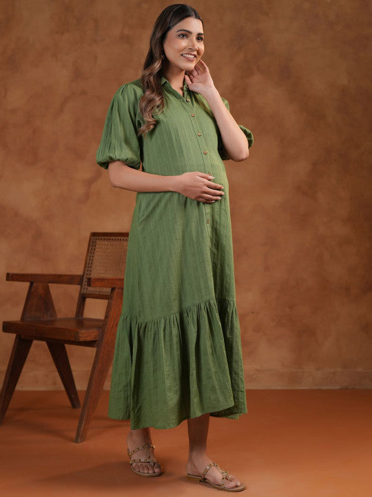 anayna Shirt Collar Neck Fit & Flared Maternity Ethnic Dresses