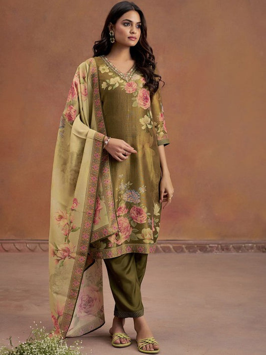 Jaipur Kurti Floral Printed V-Neck Straight Kurta With Trousers &  Dupatta