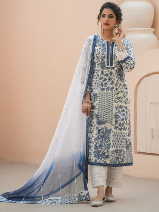 Floral Printed Thread Work Pure Cotton Straight Kurta & Trouser & Dupatta