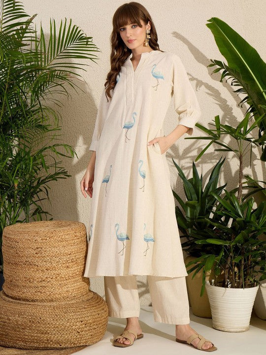 Indo Era Embroidered Mandarin Collar A-Line Pure Cotton Kurta With Pants